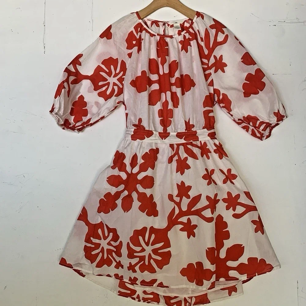 H&M Floral Print Dress Red White Puff Sleeve Mini Dress Summer Size S - Picture 2 of 11